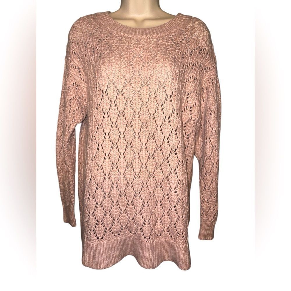 Lane Bryant Plus Size 14/16 Mauve Pink Pointelle Knit Long Sweater Crew Neck